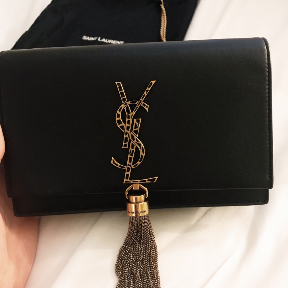 Saint laurent black kate leopard tassel bag